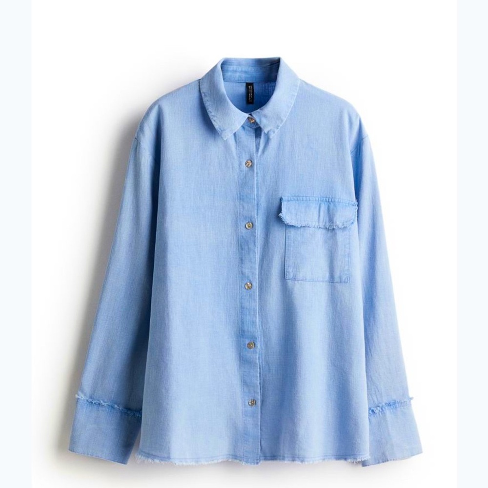 H&M Linen Blend Shirt Womens Button Down Long Sleeve Light Blue Size S